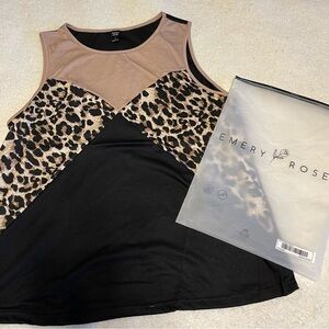 Emery Rose Sleeveless Knit Top Size Medium Color Block Leopard Print Black New